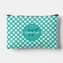 Classic Name Initials Turquoise White Polka Dots Accessory Pouch