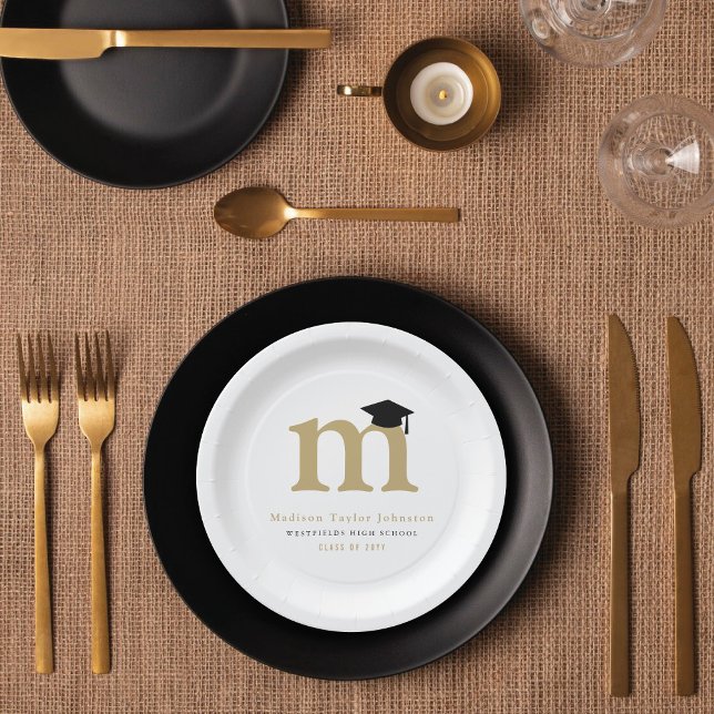 Classic Name Monogram Modern Minimalist Grad Party Paper Plates (Simple Classic Graduate's Monogram Modern Graduation Party Paper Plate @ zazzle.com/color_therapy)