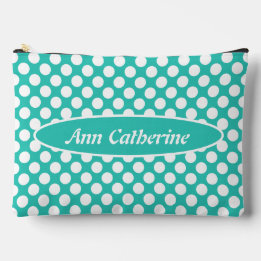 Classic Name Turquoise & White Polka Dot Pattern Accessory Pouch