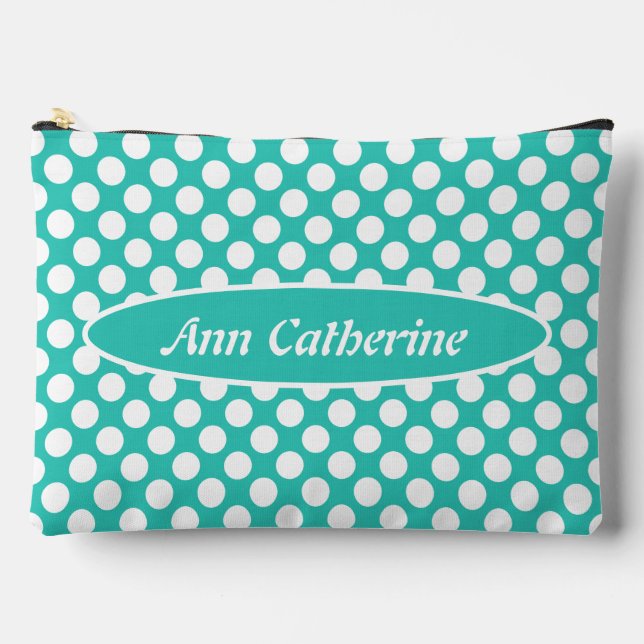Classic Name Turquoise & White Polka Dot Pattern Accessory Pouch (Front)