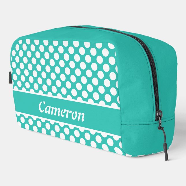 Classic Name Turquoise & White Polka Dot Pattern Dopp Kit (Right Corner)