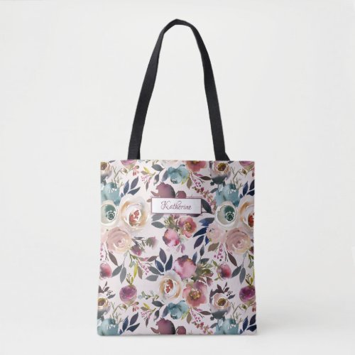Classic Named Blush Pink Green Blue Floral Tote Bag