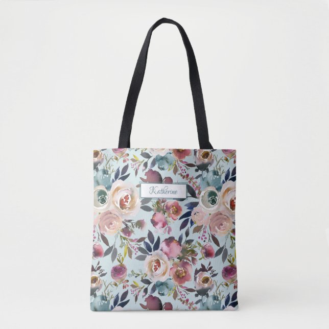 Classic Named Dusty Green Blue Pink Floral Tote Bag (Front)