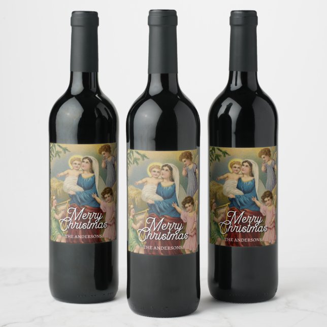 Classic Nativity Mary Baby Jesus Angels Wine Label (Bottles)