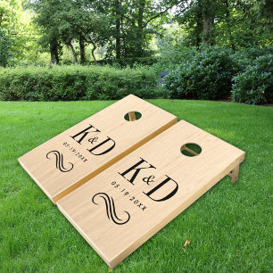 Classic Natural Wood Wedding Monogram Scroll Cornhole Set