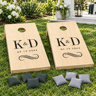 Classic Natural Wood Wedding Monogram Scroll Cornhole Set