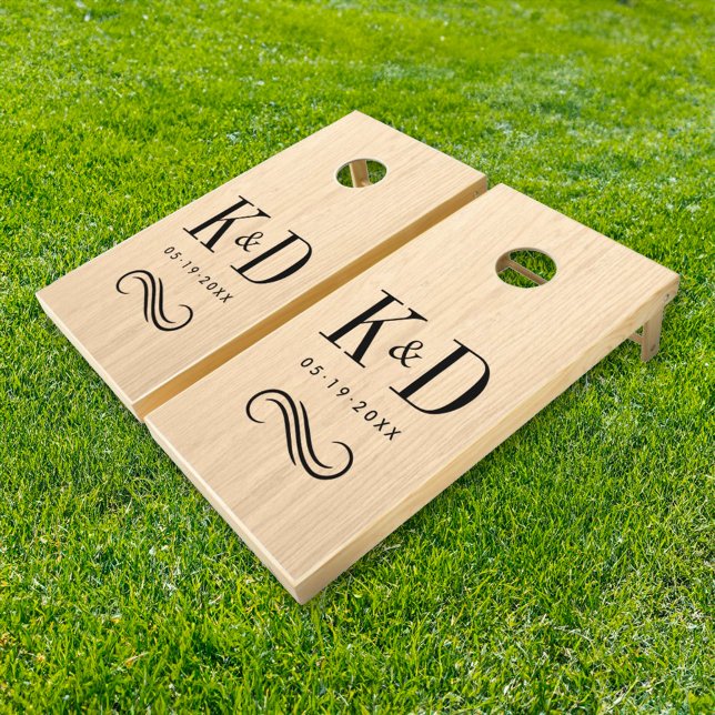 Classic Natural Wood Wedding Monogram Scroll Cornhole Set (Creator Uploaded)