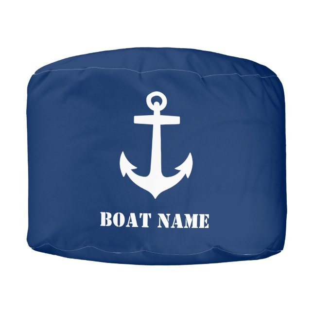 Classic Nautical Anchor Boat Name Navy Blue White Pouf (Front)