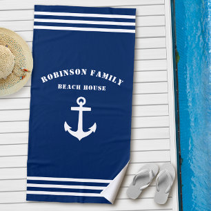 Classic Nautical Anchor Family Beach House Navy Towel