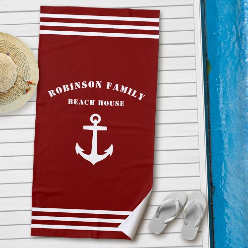Classic Nautical Anchor Family Beach House Red Beach Towel