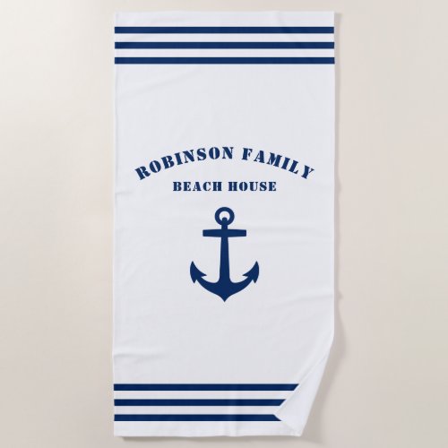 Classic Nautical Anchor Family Beach House White Beach Towel