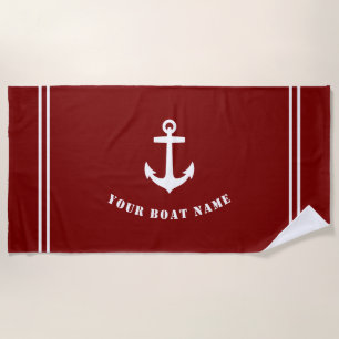 Classic Nautical Anchor Red with Boat Name Beach Towel