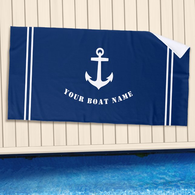 Classic Nautical Anchor with Boat Name Navy Blue Beach Towel (Creator Uploaded)