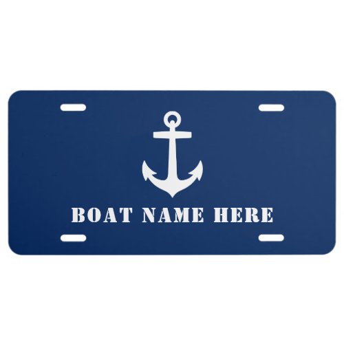 Classic Nautical Anchor  Your Boat Name Navy Blue License Plate