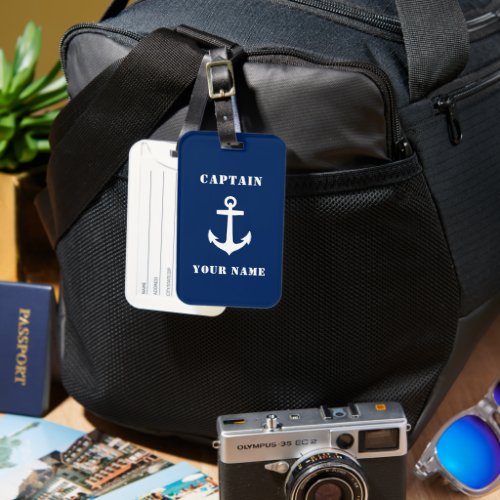 Classic Nautical Anchor  Your NameRank Navy Blue Luggage Tag