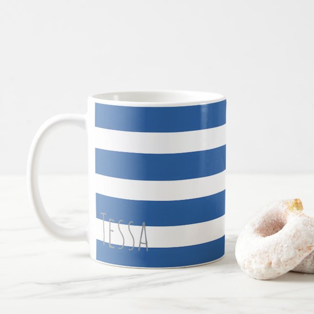 Classic Nautical Blue and White Stripes Coffee Mug (With Donut)