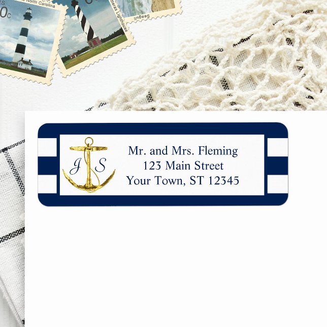 Classic Nautical Blue Stripes and Anchor Wedding Label (Creator Uploaded)