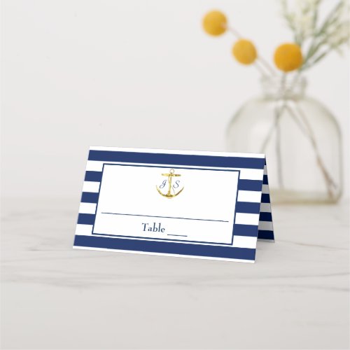 Classic Nautical Blue Stripes Gold Anchor Wedding Place Card