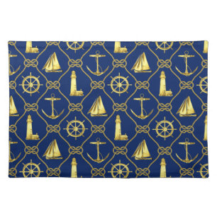 Classic Nautical Gold Blue Anchor Rope Knots Cloth Placemat