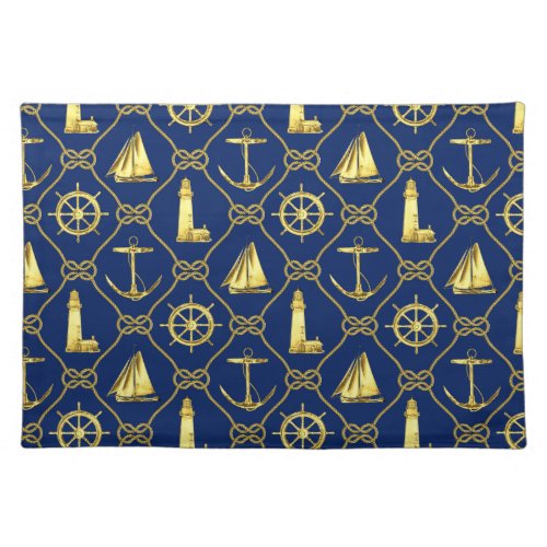 Classic Nautical Gold Blue Anchor Rope Knots Cloth Placemat