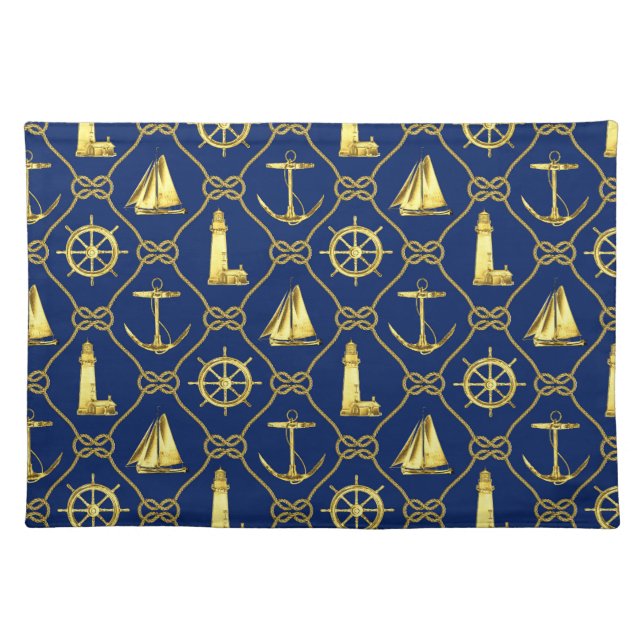 Classic Nautical Gold Blue Anchor Rope Knots Cloth Placemat (Front)