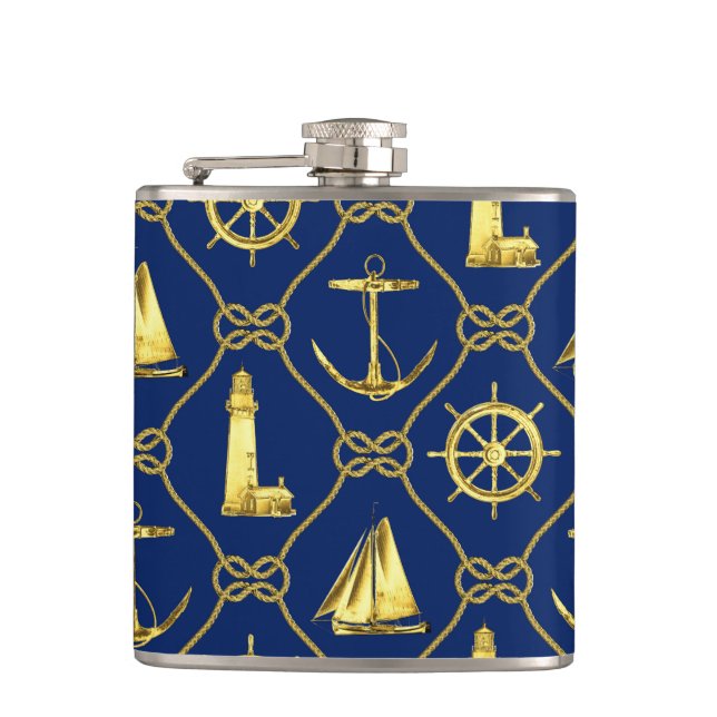 Classic Nautical Gold Blue Flask (Front)