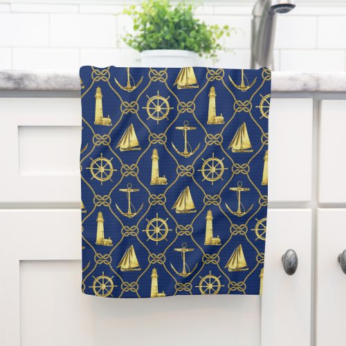 Classic Nautical Gold Blue Kitchen Towel