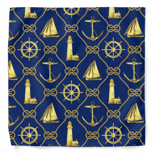 Classic Nautical Gold Blue Maritime Boat Sailing Bandana (Front)