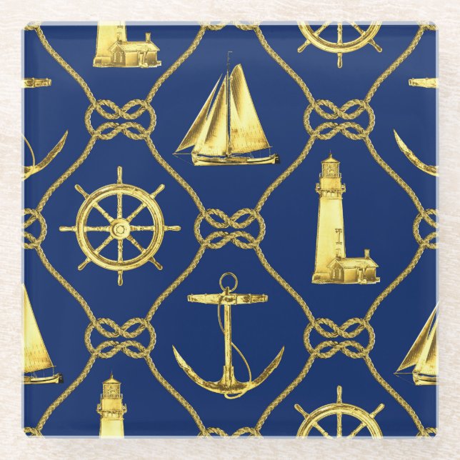 Classic Nautical Gold Blue Sailboat Lighthouse Glass Coaster (Front)