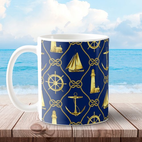 Classic Nautical Navy Blue and Gold Rope Knots Coffee Mug