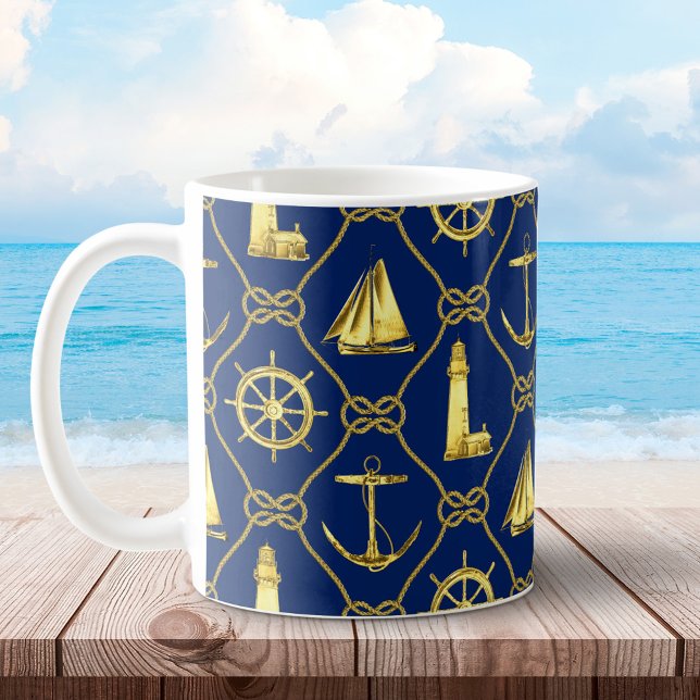 Classic Nautical Navy Blue and Gold Rope Knots Coffee Mug (Creator Uploaded)