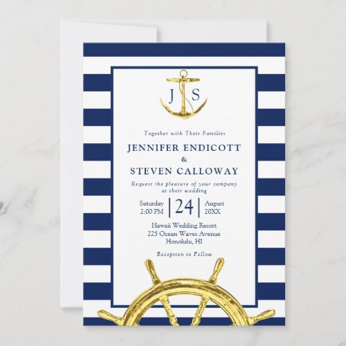 Classic Nautical Navy Blue and Gold Wedding Invitation