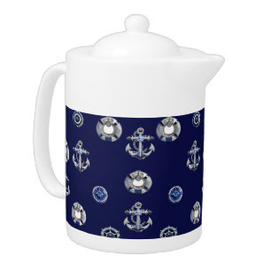 Classic Nautical Navy Blue and White Teapot