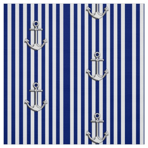Classic Nautical Navy Blue Stripes and Anchors Fabric