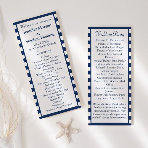 Classic Nautical Navy Blue Stripes Wedding Program