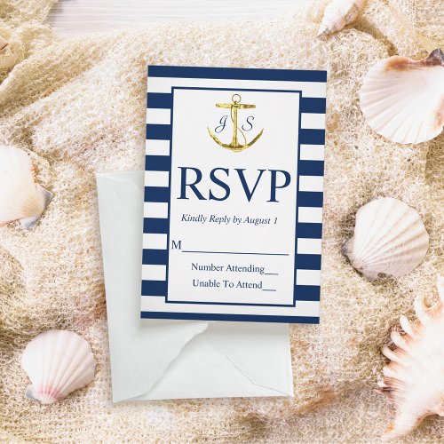 Classic Nautical Navy Blue Stripes Wedding RSVP Card
