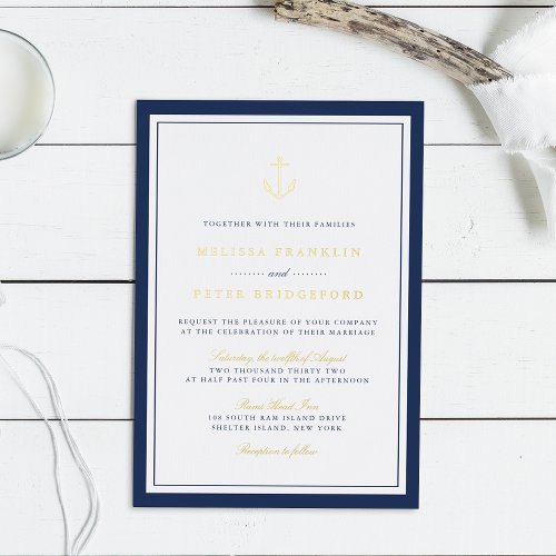 Classic Nautical Navy  Gold Anchor Wedding Foil Invitation