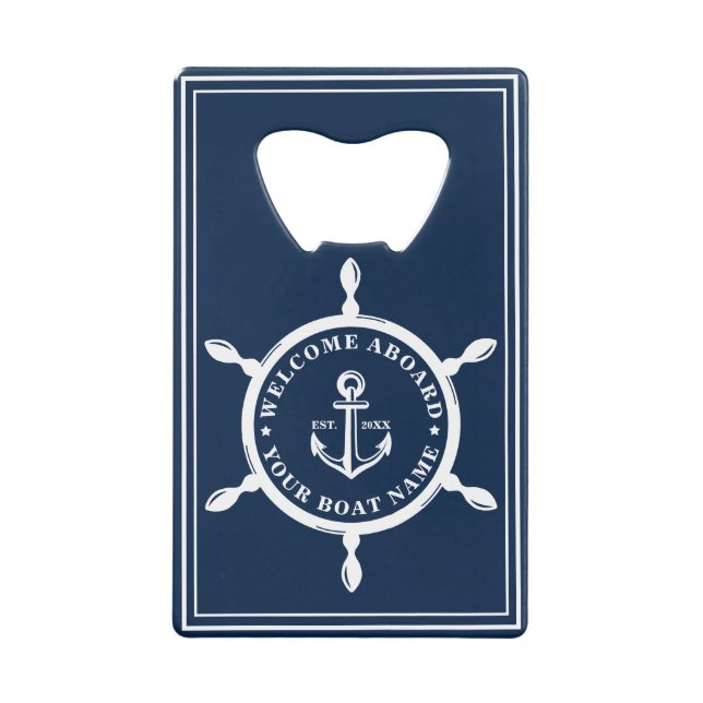 Classic Nautical Navy Personalized Boat Name Credit Card Bottle Opener (Front)