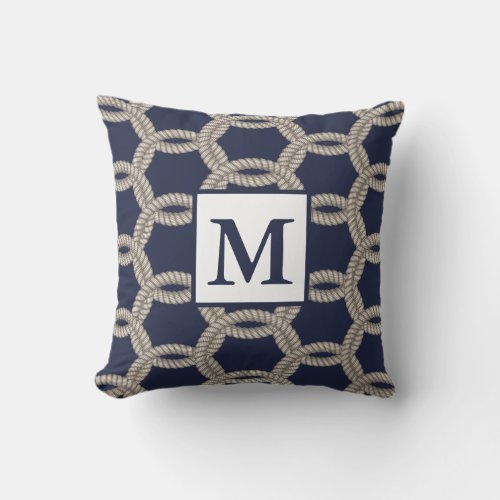 Classic Nautical Navy  Ropes  Monogram Throw Pillow