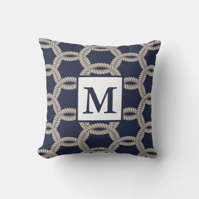 Classic Nautical Navy & Ropes | Monogram Throw Pillow (Front)