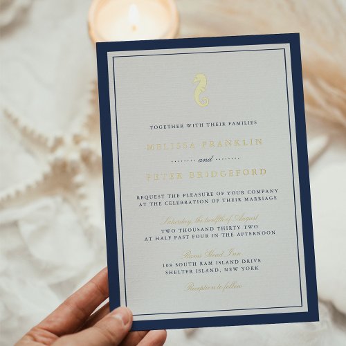 Classic Nautical Seahorse Wedding Gold Foil Invitation
