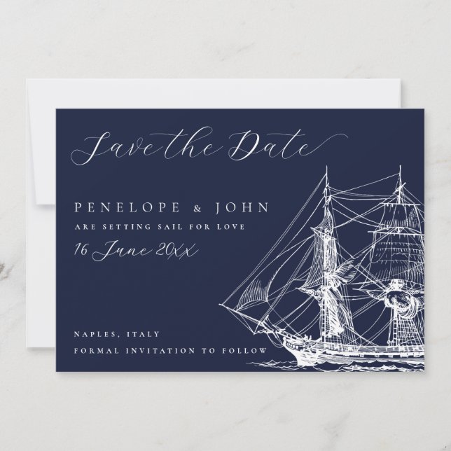 Classic Nautical Ship Navy Blue Wedding Save The Date (Front)