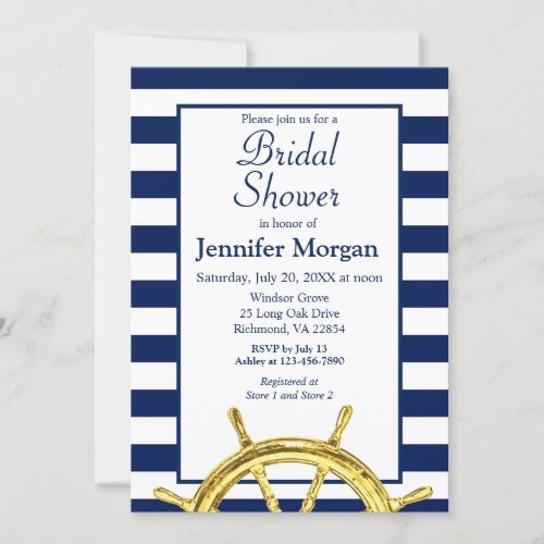 Classic Nautical Stripes Navy Gold Bridal Shower Invitation