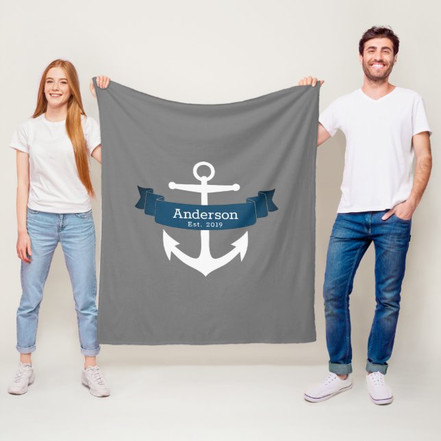 Classic Nautical White Anchor & Navy Blue Ribbon Fleece Blanket (In Situ)