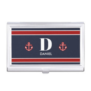 Classic Nautical White and Navy Blue Stripes Business Card Case