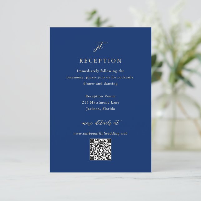 Classic Navy and Cream Elegant QR Code Wedding Enclosure Card (Standing Front)