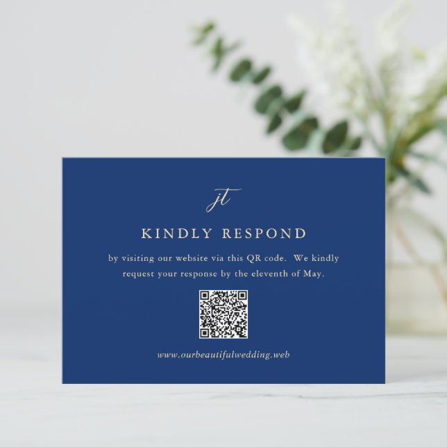 Classic Navy and Cream Elegant QR Code Wedding RSVP Card (Standing Front)