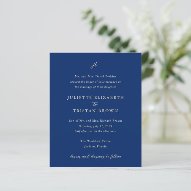 Classic Navy and Cream Elegant Wedding Invitation (Standing Front)