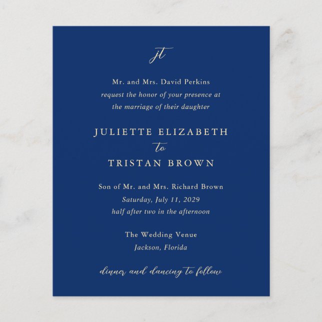 Classic Navy and Cream Elegant Wedding Invitation Flyer (Front)