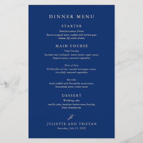 Classic Navy and Cream Elegant Wedding Menu Flyer